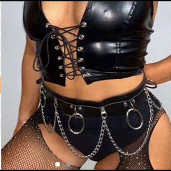 Punk Goth Black Faux Leather O-Ring Chains Harness Waist Belt |  M-XL NWT